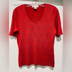 Norton McNaughton Red Short Sleeve Silk Sweater with Beading